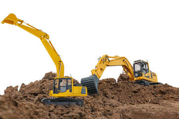 Obraz premium Two crawler excavator is digging in the construction site work isolated on white background
