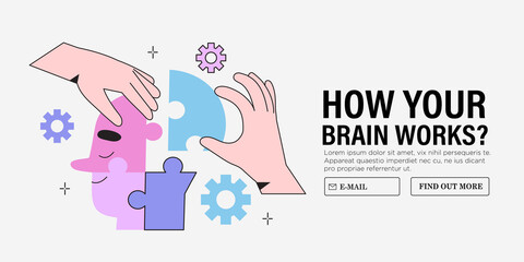 Hands arranging puzzle in form of human head. Concept people psychology. Mental health or psychological counselor help character improve well-being, prevent and alleviate distress and stress in life.