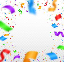 Vector serpentine, abstract background with many falling tiny colorful confetti pieces and ribbon.