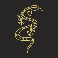 Magic snake with decoration elements and symbols vector illustration. Witchcraft golden amulet isolated object on black background. Esoteric decoration