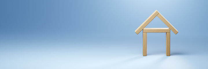 house built from wooden blocks, 3d-image, copy space. the concept of construction, rental and housing insurance.