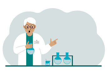 Old male scientist with flasks. Experimental scientist, laboratory assistant, biochemistry, chemical, scientific research.
