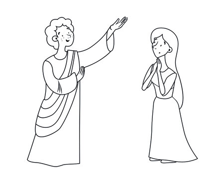 Biblical story of the Annunciation. Picture for Sunday school. Angel Gabriel comes to the Virgin Mary. Birth of Jesus Christ. Christian bible character. Vector illustration. Сoloring, black and white.