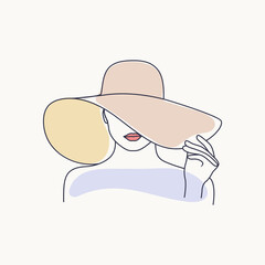 Young Pretty Fashion Woman In Hat Line Art Drawing. 