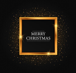 Square gold frame for Christmas. Christmas and  New Year card with shining golden highlights.