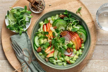 Badezimmer Foto Rückwand Healthy apple, celery cucumber, radish and microgreens salad © anna_shepulova