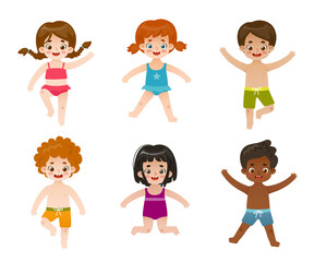 Summertime happy kids set. Collection of cartoon summer beach children. Bundle of playful baby in swimwear.