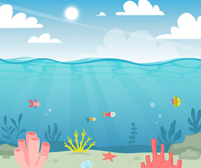 Fototapeta na wymiar Seabed background with seaweeds and fishes. Underwater tropical seascape. Cartoon ocean floor.
