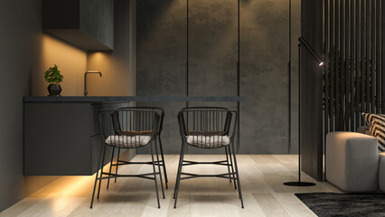 Fototapeta na wymiar Black minimalist Interior of modern living room 3D rendering
