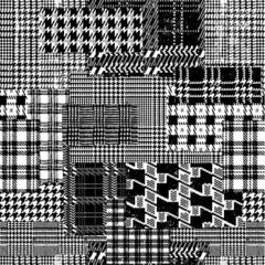 Tartan plaid houndstooth jacquard fabric patchwork abstract vector seamless pattern in black and white - obrazy, fototapety, plakaty