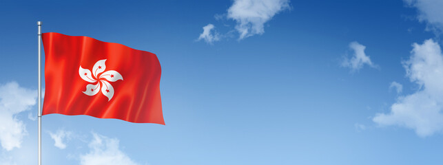 Hong Kong flag isolated on a blue sky. Horizontal banner