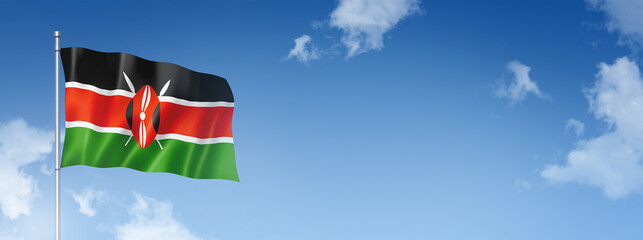 Kenyan flag isolated on a blue sky. Horizontal banner