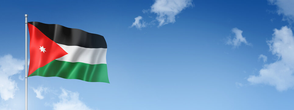 Jordanian flag isolated on a blue sky. Horizontal banner