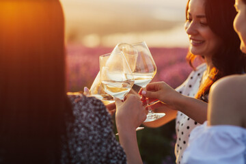 Friendship. Leisure at nature. Group of happy girlfriends clinking glasses with wine at picnic on lavender field.