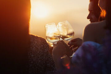 Cropped shot of female friends toasting with glasses of white wine during outdoor party in summer...