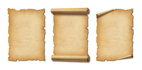 Old Parchment paper scroll set isolated on white with shadow. Vertical banners
