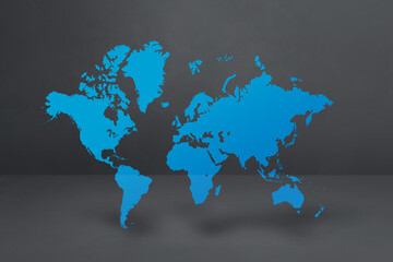 Blue world map on black concrete wall background. 3D illustration