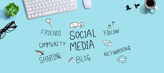 Social media theme with a computer keyboard and a mouse