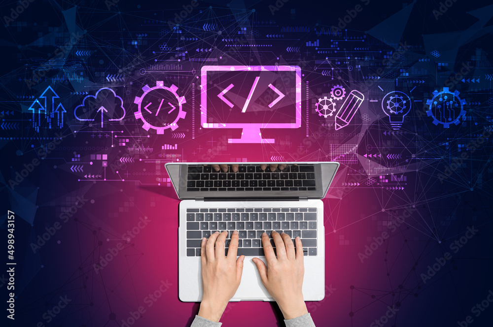 Poster web development concept with person using a laptop computer