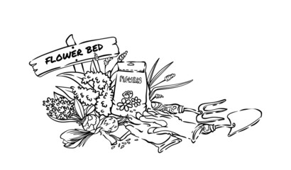 Gardening tools and bulb flowers with seeds, gloves, garden fork, trowel , spring agriculture arrangement, black and white, coloring book illustration, page