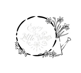 Frame with watering can with flowers narcissus, spring garden tools, gift card, black and white, coloring book illustration, page © Dreaming_Lucy