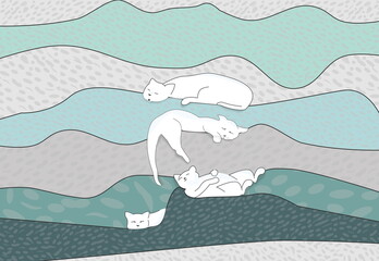 Cats sleep in folds of fabric or on the waves of the ocean