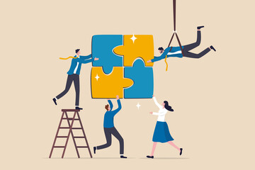 Collaboration work together to solve problem, teamwork unite together to achieve success, connected people or community help finding solution concept, business people team succeed solve jigsaw puzzle. - obrazy, fototapety, plakaty