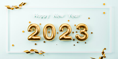 Golden 2023 helium balloon with gold confetti and ribbon for preparation happy new year and merry...