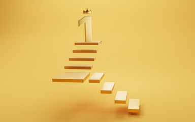 Golden number one with gold crown on the top of floor for champion or the winner on yellow...