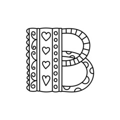 Doodle letter B. Hand drawn line ABC. Sketch alphabet. Kids illustration for coloring book. Editable outline