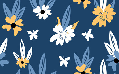 Seamless floral pattern based on traditional folk art ornaments. Colorful flowers on color background. Scandinavian style. Sweden nordic style. Vector illustration. Simple minimalistic pattern