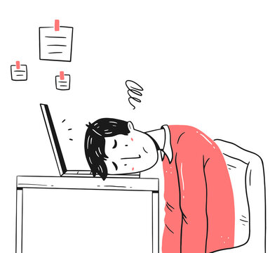 recommend clip art: Frustration at work. Professional burnout syndrome. A tired, exhausted man is lying on the table in line style. Vector concept illustration.