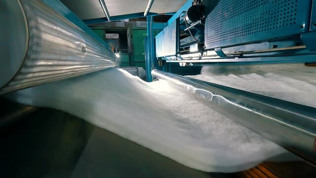 Syntepon manufacturing process. How synthpeon is made. Factory of nonwoven materials. Inside the machine for the production of synthetic winterizer