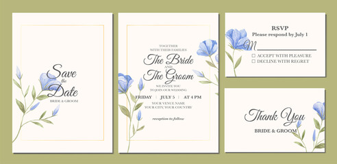 Hand painted of blue floral watercolor as wedding invitation template.