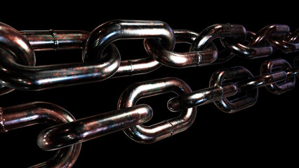 Realistic 3D illustration of the corroded rusty brushed steel chains against black