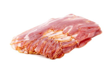 Bacon strips, raw smoked pork meat slices isolated on white