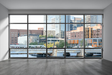Plakat Panoramic picturesque city view of Boston at day time from modern empty room, Massachusetts. An intellectual, technological and political center. 3d rendering.