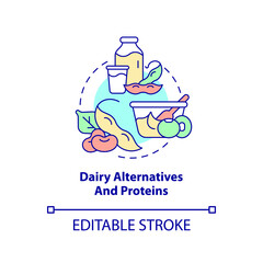 Dairy alternatives and proteins concept icon. Tip for vegan lifestyle abstract idea thin line illustration. Isolated outline drawing. Editable stroke. Arial, Myriad Pro-Bold fonts used