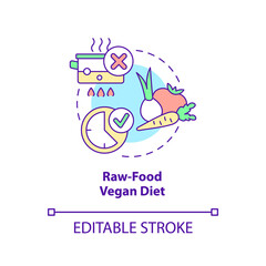 Raw food vegan diet concept icon. Uncooked vegetables. Variety of vegan diet abstract idea thin line illustration. Isolated outline drawing. Editable stroke. Arial, Myriad Pro-Bold fonts used