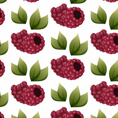 Raspberries with leaves seamless pattern with isolated transparent background. Vector image of berries. Illustration for packaging, wrapping paper, textile.