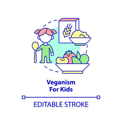 Veganism for kids concept icon. Essential nutrients for children. Vegan lifestyle abstract idea thin line illustration. Isolated outline drawing. Editable stroke. Arial, Myriad Pro-Bold fonts used