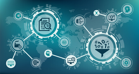 Business intelligence vector illustration. Concept on global trend analysis, big data, statistical information, smart corporate projection & planning, international economic performance measuring.