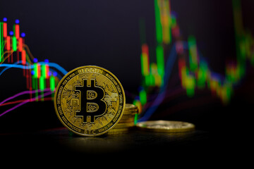 Golden bitcoin cryptocurrency at trading chart background