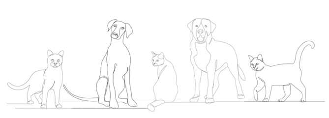 cats and dogs drawing by one continuous line