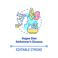 Vegan diet and Alzheimer disease concept icon. Veganism and illness abstract idea thin line illustration. Isolated outline drawing. Editable stroke. Arial, Myriad Pro-Bold fonts used