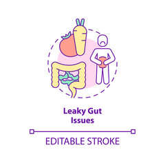 Leaky gut issues concept icon. Bloating and cramps problem. Side effect abstract idea thin line illustration. Isolated outline drawing. Editable stroke. Arial, Myriad Pro-Bold fonts used