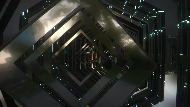 Animazione 3D interno tunnel a forma esagonale e quadrato centrale