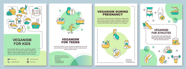 Vegan lifestyle for everyone green brochure template. Leaflet design with linear icons. 4 vector layouts for presentation, annual reports. Arial-Black, Myriad Pro-Regular fonts used