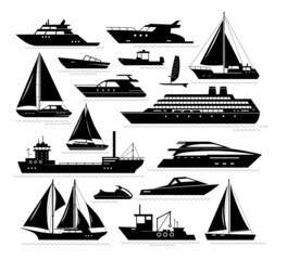 Maritime ships black silhouette. Vector icon set of ship at sea, sail boats, yacht, passenger liner, sailboat, cruiser and cargo ships. Water ocean transport boat in flat style. Sea marine travel 