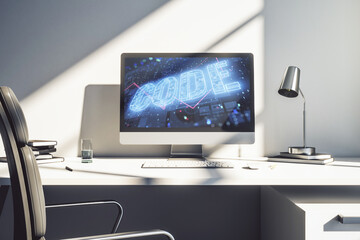 Creative Code word sign on modern computer monitor, international software development concept. 3D Rendering